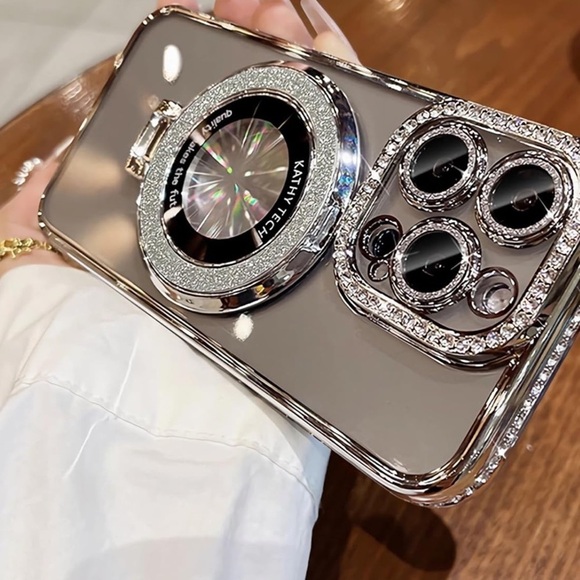 kathy tech Accessories - CLEAR SILVER RHINESTONE BLING IPHONE 15PRO PHONECASE WITH KICKSTAND